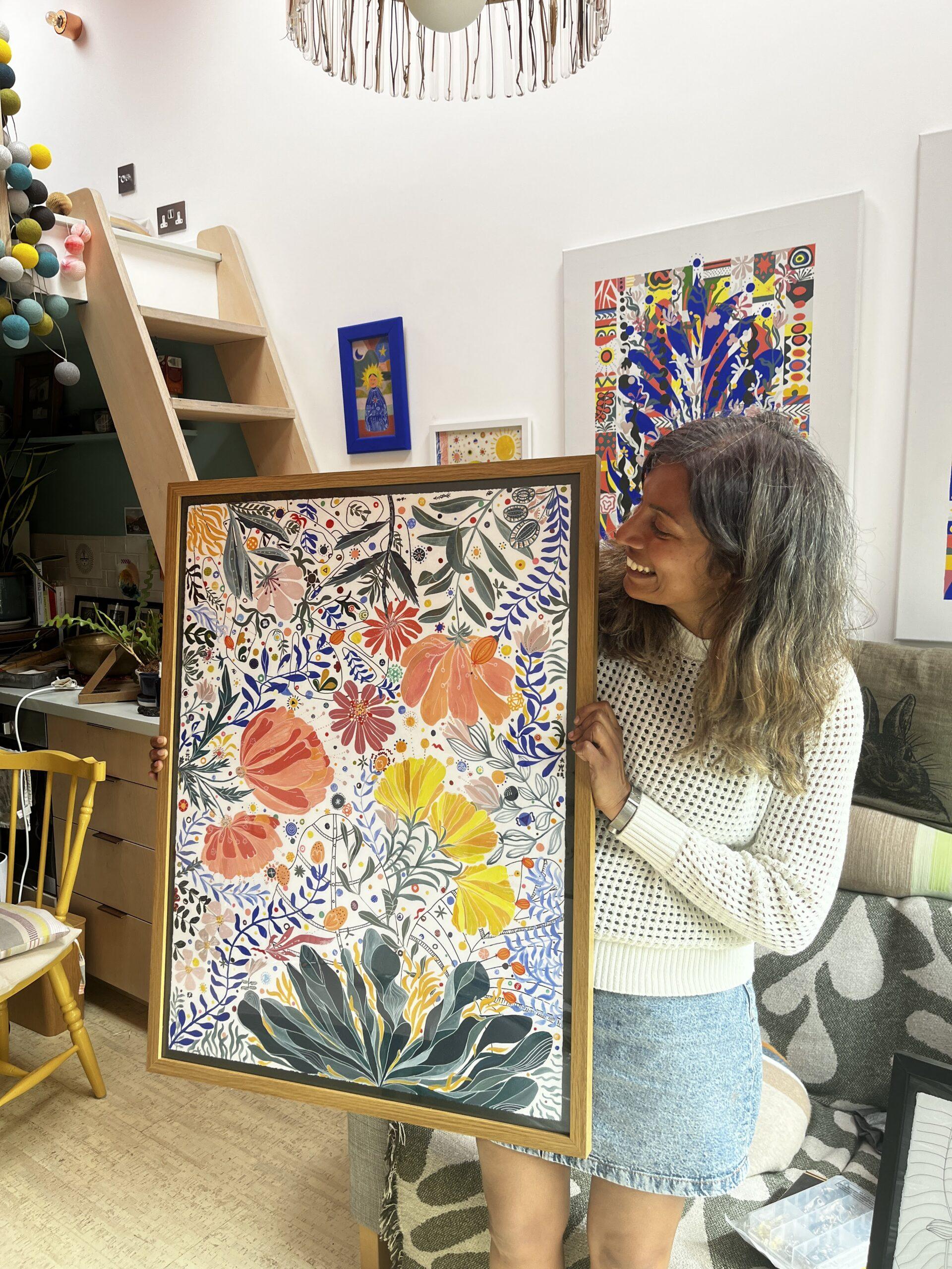 A girl looking back at her art
